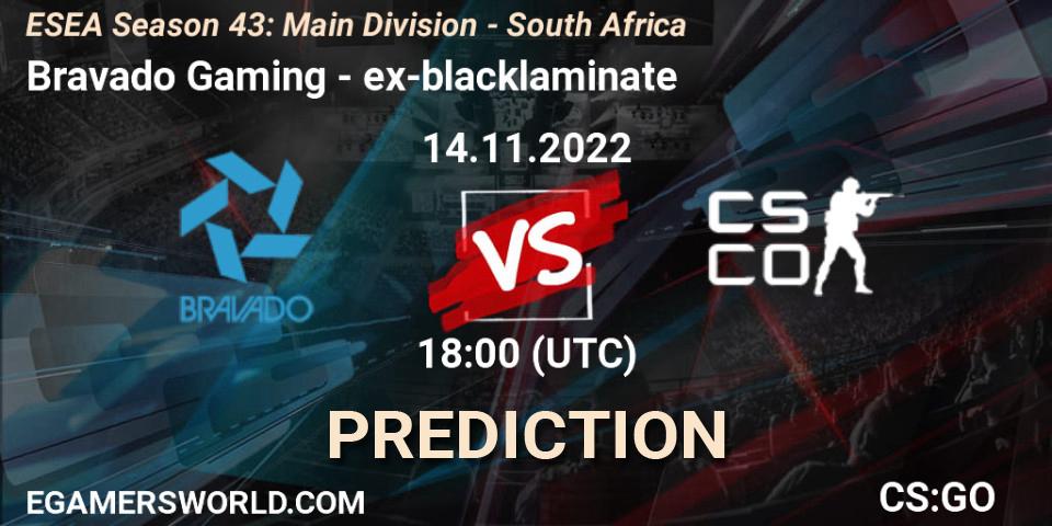 Prognose für das Spiel Bravado Gaming VS ex-blacklaminate. 15.11.2022 at 18:00. Counter-Strike (CS2) - ESEA Season 43: Main Division - South Africa