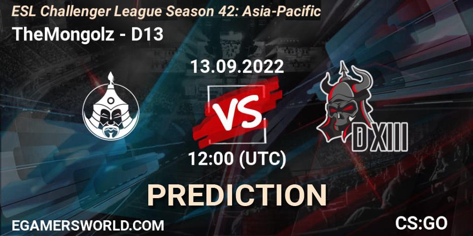 Prognose für das Spiel TheMongolz VS D13. 13.09.2022 at 12:00. Counter-Strike (CS2) - ESL Challenger League Season 42: Asia-Pacific