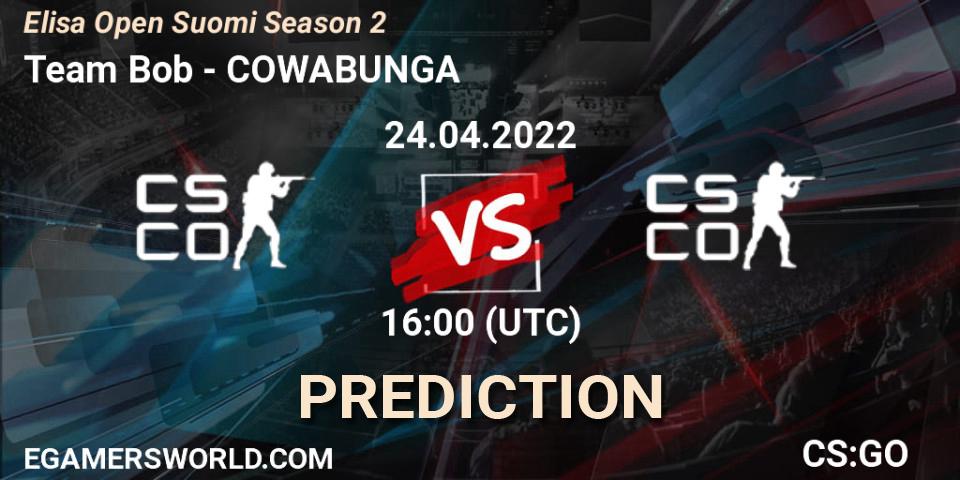 Prognose für das Spiel Team Bob VS COWABUNGA. 24.04.2022 at 16:00. Counter-Strike (CS2) - Elisa Open Suomi Season 2