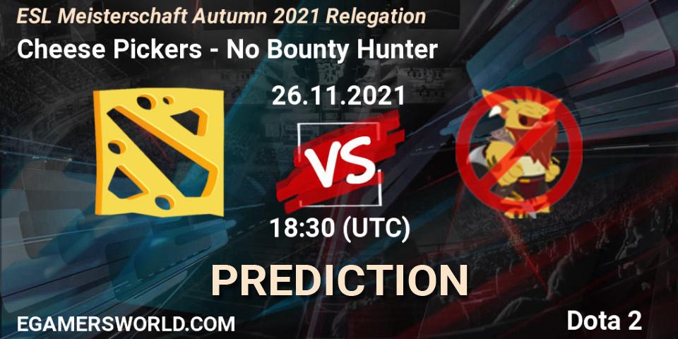 Prognose für das Spiel Cheese Pickers VS No Bounty Hunter. 26.11.2021 at 18:30. Dota 2 - ESL Meisterschaft Autumn 2021 Relegation