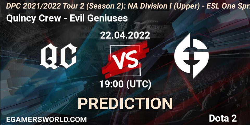 Prognose für das Spiel Quincy Crew VS Evil Geniuses. 22.04.22. Dota 2 - DPC 2021/2022 Tour 2 (Season 2): NA Division I (Upper) - ESL One Spring 2022