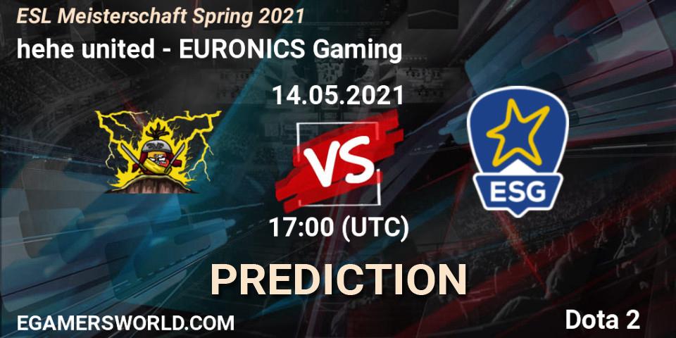 Prognose für das Spiel hehe united VS EURONICS Gaming. 14.05.2021 at 17:04. Dota 2 - ESL Meisterschaft Spring 2021