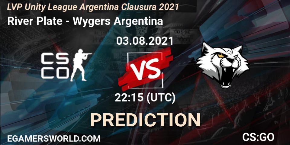 Prognose für das Spiel River Plate VS Wygers Argentina. 03.08.2021 at 22:15. Counter-Strike (CS2) - LVP Unity League Argentina Clausura 2021