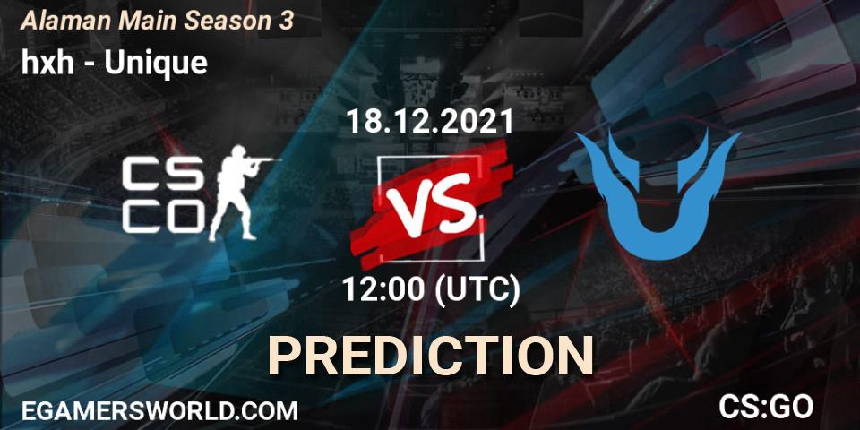 Prognose für das Spiel hxh VS Unique. 25.12.2021 at 12:00. Counter-Strike (CS2) - Alaman Main Season 3