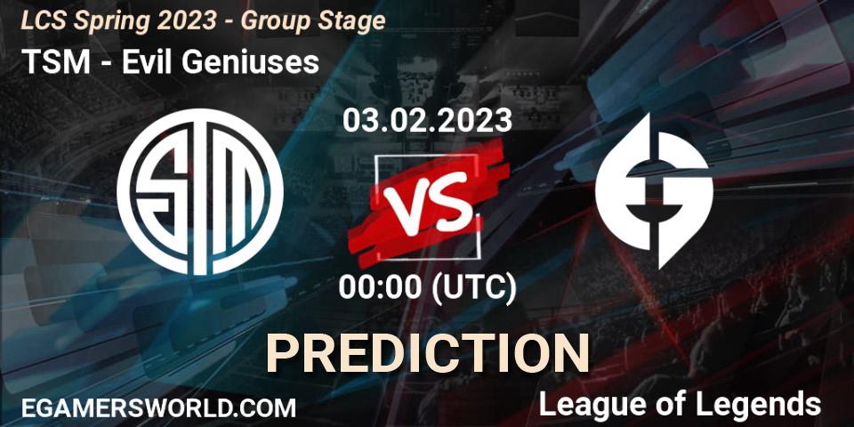 Prognose für das Spiel TSM VS Evil Geniuses. 03.02.2023 at 02:00. LoL - LCS Spring 2023 - Group Stage