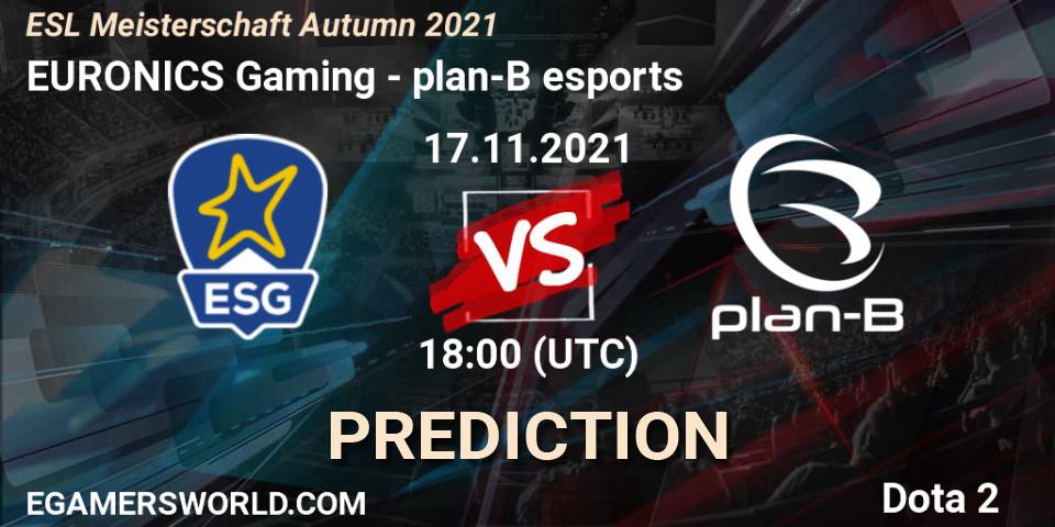 Prognose für das Spiel EURONICS Gaming VS plan-B esports. 17.11.2021 at 18:04. Dota 2 - ESL Meisterschaft Autumn 2021