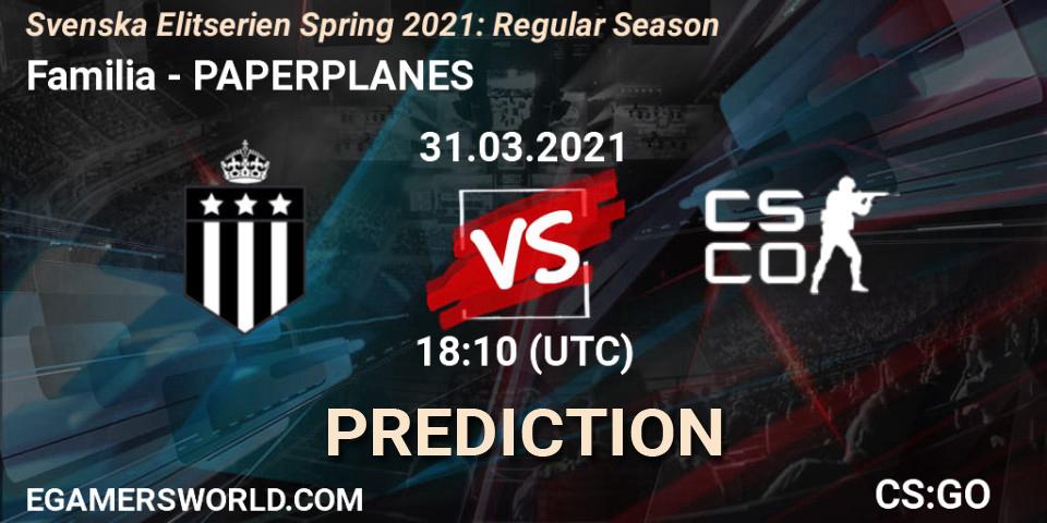 Prognose für das Spiel Familia VS PAPERPLANES. 31.03.2021 at 18:10. Counter-Strike (CS2) - Svenska Elitserien Spring 2021: Regular Season
