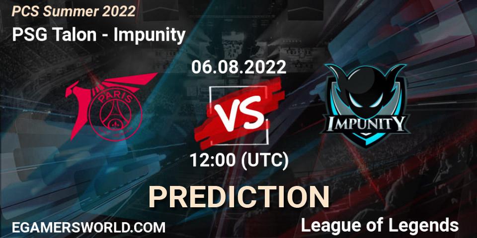Prognose für das Spiel PSG Talon VS Impunity. 05.08.2022 at 12:00. LoL - PCS Summer 2022