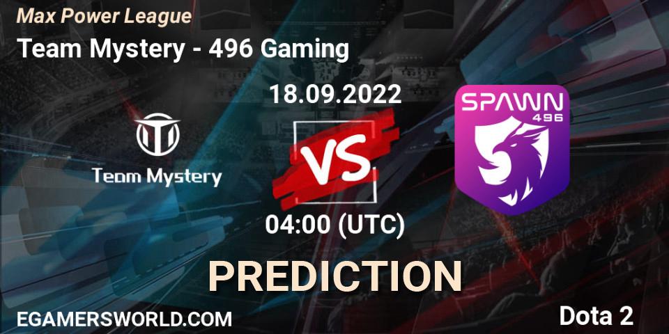 Prognose für das Spiel Team Mystery VS 496 Gaming. 18.09.2022 at 04:00. Dota 2 - Max Power League