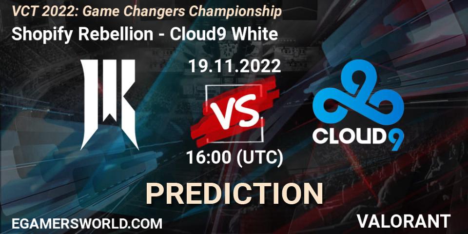 Prognose für das Spiel Shopify Rebellion VS Cloud9 White. 19.11.2022 at 15:15. VALORANT - VCT 2022: Game Changers Championship
