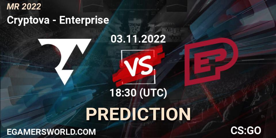 Prognose für das Spiel Cryptova VS Enterprise. 03.11.2022 at 18:30. Counter-Strike (CS2) - Mistrovství ČR 2022