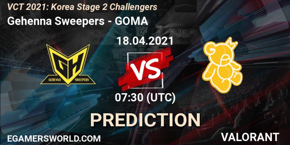 Prognose für das Spiel Gehenna Sweepers VS GOMA. 18.04.2021 at 07:30. VALORANT - VCT 2021: Korea Stage 2 Challengers