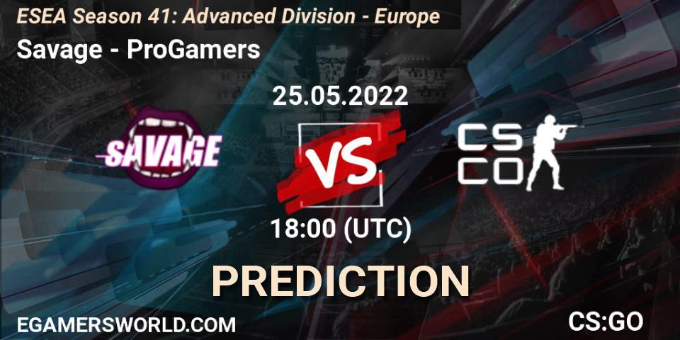 Prognose für das Spiel Savage VS ProGamers. 25.05.2022 at 18:00. Counter-Strike (CS2) - ESEA Season 41: Advanced Division - Europe
