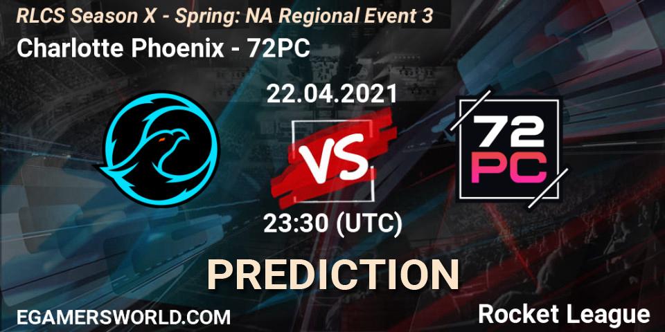 Prognose für das Spiel Charlotte Phoenix VS 72PC. 22.04.2021 at 23:30. Rocket League - RLCS Season X - Spring: NA Regional Event 3