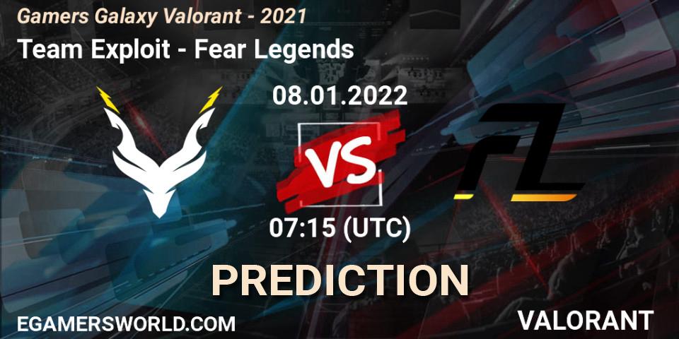 Prognose für das Spiel Team Exploit VS Fear Legends. 08.01.2022 at 07:15. VALORANT - Gamers Galaxy Valorant - 2021