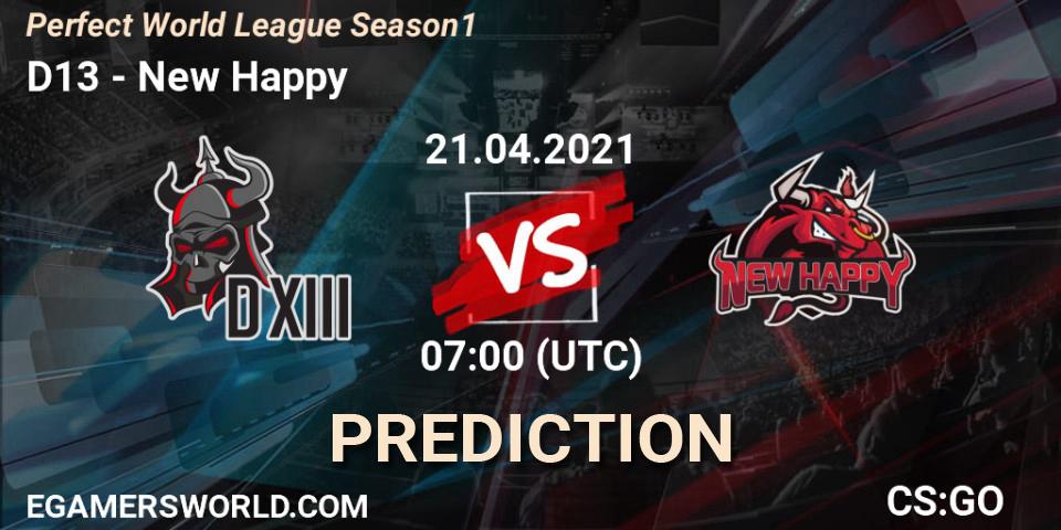 Prognose für das Spiel D13 VS New Happy. 21.04.2021 at 07:00. Counter-Strike (CS2) - Perfect World League Season 1