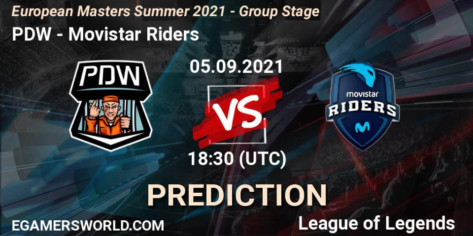 Prognose für das Spiel PDW VS Movistar Riders. 05.09.2021 at 18:30. LoL - European Masters Summer 2021 - Group Stage