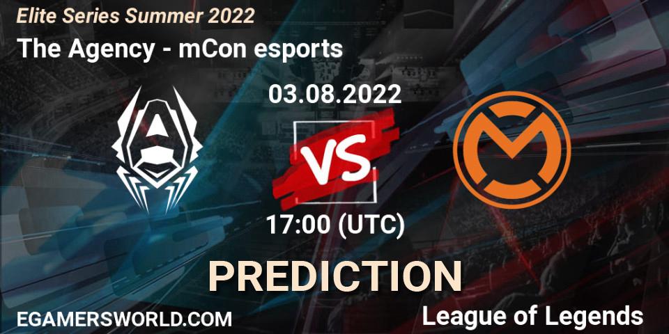 Prognose für das Spiel The Agency VS mCon esports. 03.08.2022 at 17:00. LoL - Elite Series Summer 2022
