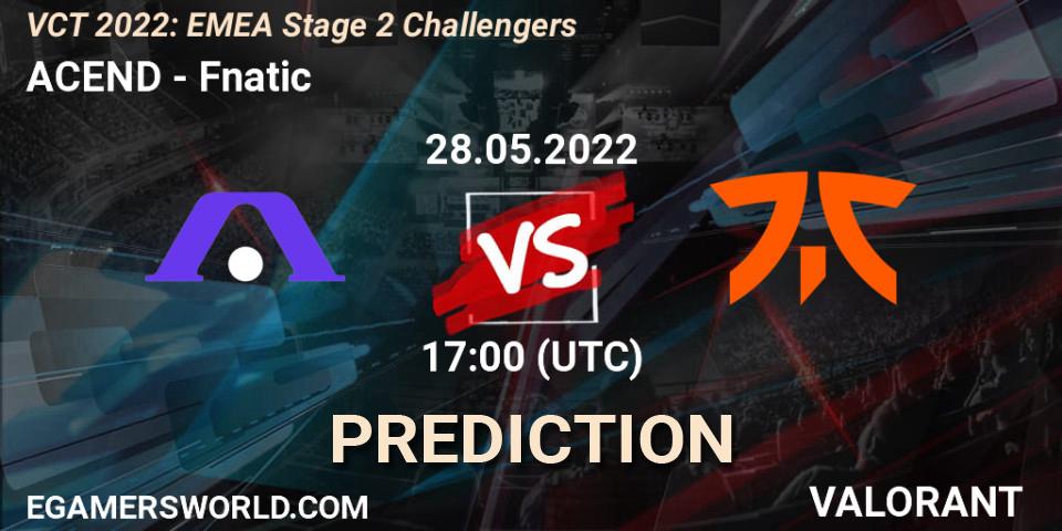 Prognose für das Spiel ACEND VS Fnatic. 28.05.2022 at 17:05. VALORANT - VCT 2022: EMEA Stage 2 Challengers