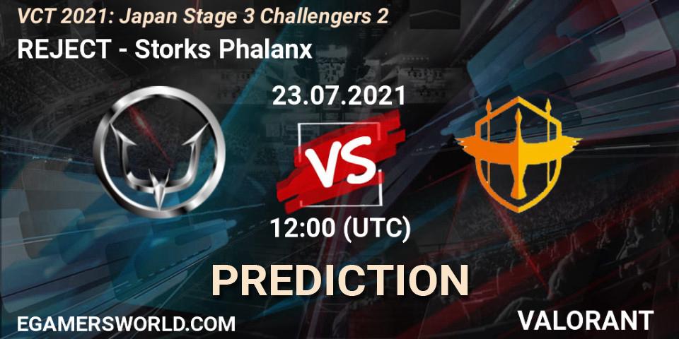 Prognose für das Spiel REJECT VS Storks Phalanx. 23.07.2021 at 12:00. VALORANT - VCT 2021: Japan Stage 3 Challengers 2