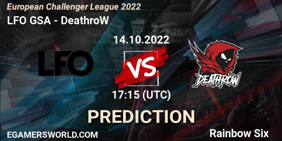 Prognose für das Spiel LFO GSA VS DeathroW. 14.10.2022 at 17:15. Rainbow Six - European Challenger League 2022