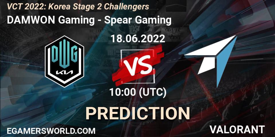 Prognose für das Spiel DAMWON Gaming VS Spear Gaming. 18.06.2022 at 10:50. VALORANT - VCT 2022: Korea Stage 2 Challengers