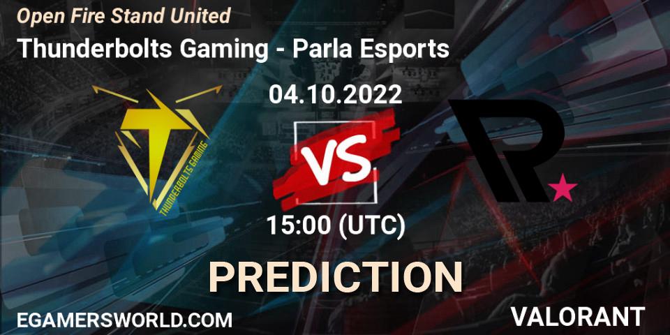 Prognose für das Spiel Thunderbolts Gaming VS Parla Esports. 04.10.2022 at 15:40. VALORANT - Open Fire Stand United