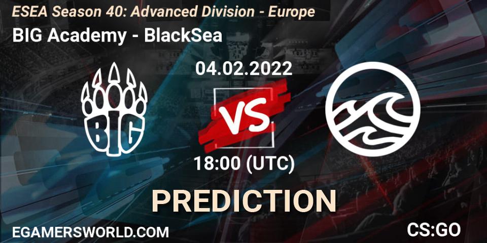 Prognose für das Spiel BIG Academy VS BlackSea. 04.02.2022 at 18:00. Counter-Strike (CS2) - ESEA Season 40: Advanced Division - Europe