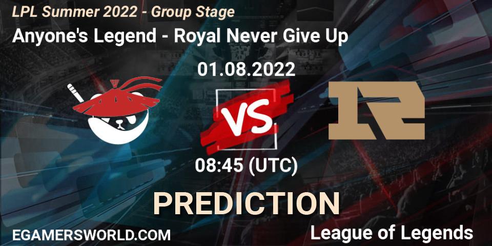 Prognose für das Spiel Anyone's Legend VS Royal Never Give Up. 01.08.22. LoL - LPL Summer 2022 - Group Stage