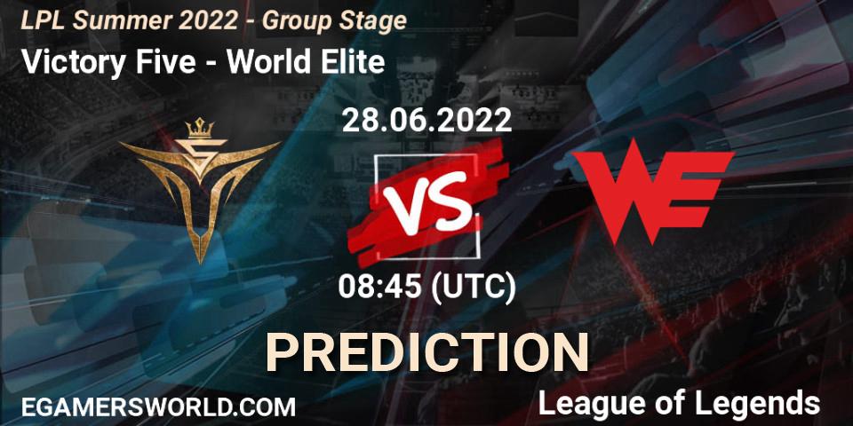 Prognose für das Spiel Victory Five VS World Elite. 28.06.2022 at 09:00. LoL - LPL Summer 2022 - Group Stage