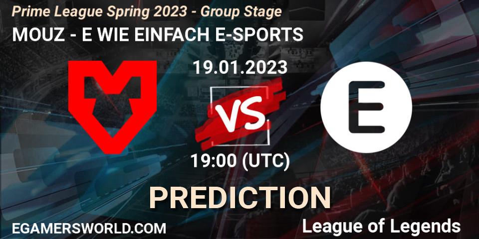 Prognose für das Spiel MOUZ VS E WIE EINFACH E-SPORTS. 19.01.2023 at 18:00. LoL - Prime League Spring 2023 - Group Stage