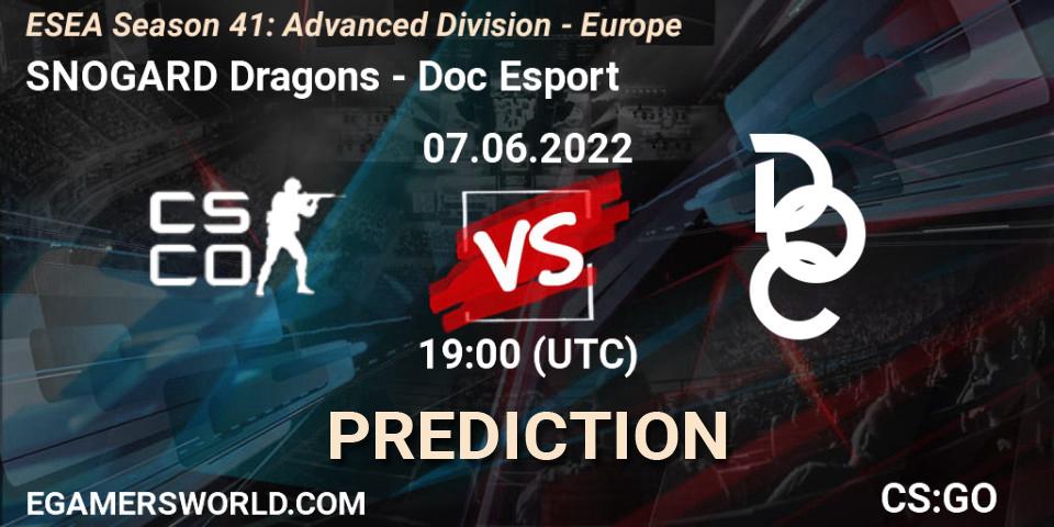 Prognose für das Spiel SNOGARD Dragons VS Doc Esport. 07.06.2022 at 19:00. Counter-Strike (CS2) - ESEA Season 41: Advanced Division - Europe