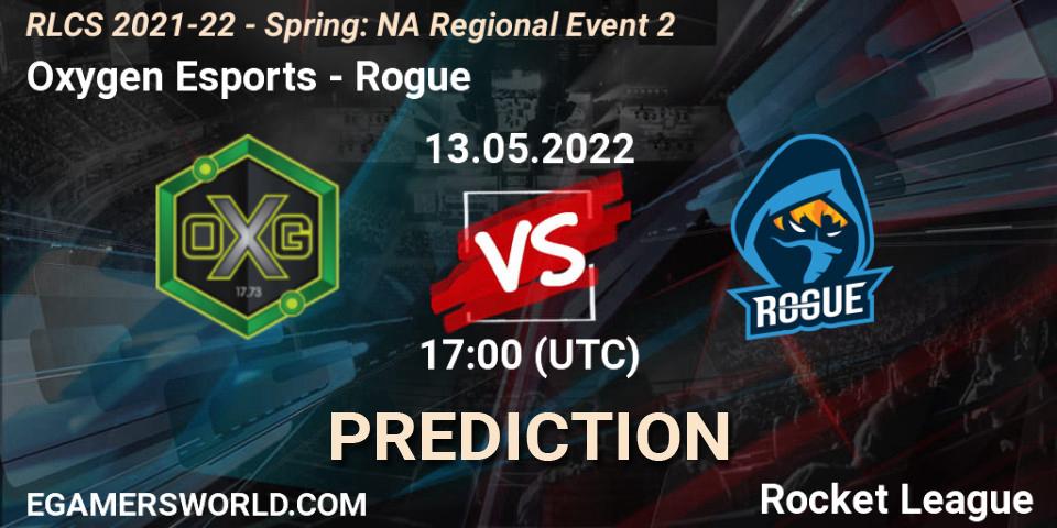 Prognose für das Spiel Oxygen Esports VS Rogue. 13.05.22. Rocket League - RLCS 2021-22 - Spring: NA Regional Event 2