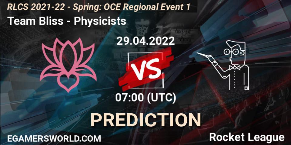 Prognose für das Spiel Team Bliss VS Physicists. 29.04.2022 at 07:00. Rocket League - RLCS 2021-22 - Spring: OCE Regional Event 1