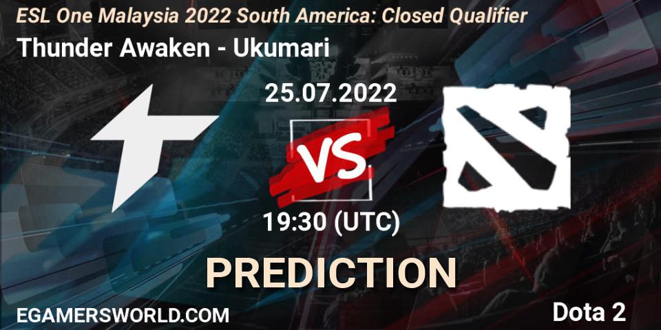 Prognose für das Spiel Thunder Awaken VS Ukumari. 25.07.2022 at 19:32. Dota 2 - ESL One Malaysia 2022 South America: Closed Qualifier