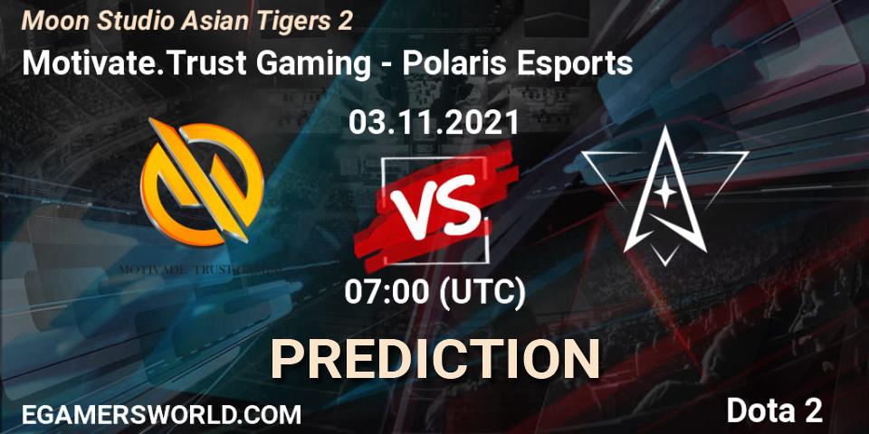 Prognose für das Spiel Motivate.Trust Gaming VS Polaris Esports. 03.11.2021 at 07:15. Dota 2 - Moon Studio Asian Tigers 2