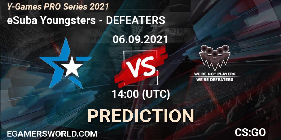 Prognose für das Spiel eSuba Youngsters VS DEFEATERS. 06.09.2021 at 14:00. Counter-Strike (CS2) - Y-Games PRO Series 2021