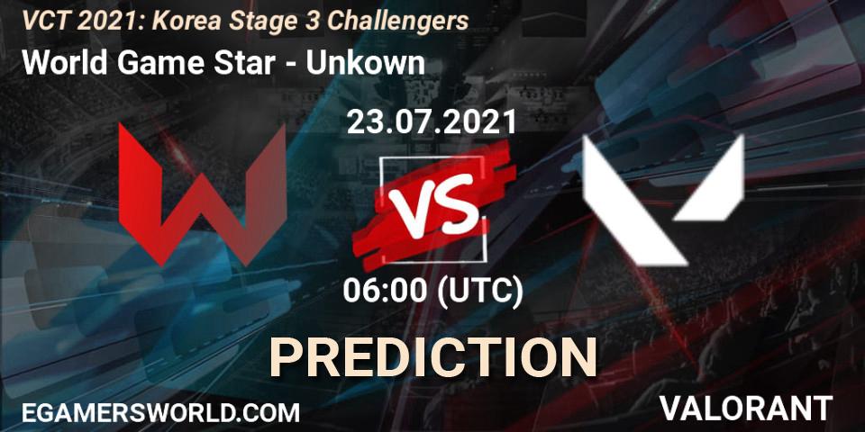 Prognose für das Spiel World Game Star VS Unkown. 23.07.2021 at 06:00. VALORANT - VCT 2021: Korea Stage 3 Challengers