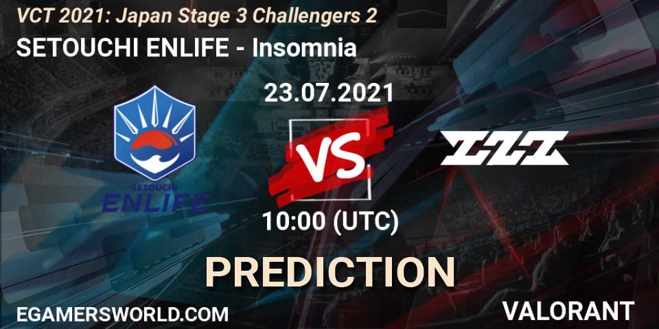 Prognose für das Spiel SETOUCHI ENLIFE VS Insomnia. 23.07.2021 at 10:00. VALORANT - VCT 2021: Japan Stage 3 Challengers 2