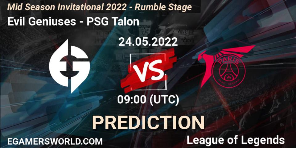 Prognose für das Spiel Evil Geniuses VS PSG Talon. 24.05.2022 at 06:55. LoL - Mid Season Invitational 2022 - Rumble Stage