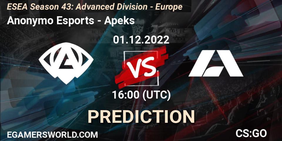 Prognose für das Spiel Anonymo Esports VS Apeks. 01.12.22. CS2 (CS:GO) - ESEA Season 43: Advanced Division - Europe