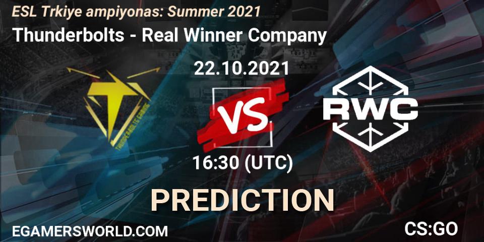 Prognose für das Spiel Thunderbolts VS Real Winner Company. 22.10.2021 at 16:35. Counter-Strike (CS2) - ESL Türkiye Şampiyonası: Summer 2021