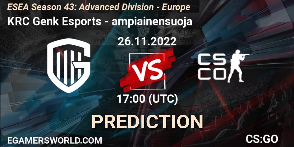 Prognose für das Spiel KRC Genk Esports VS ampiainensuoja. 26.11.2022 at 17:00. Counter-Strike (CS2) - ESEA Season 43: Advanced Division - Europe