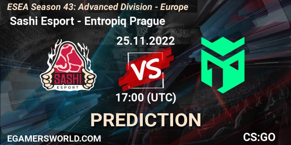 Prognose für das Spiel Sashi Esport VS Entropiq Prague. 25.11.2022 at 17:00. Counter-Strike (CS2) - ESEA Season 43: Advanced Division - Europe