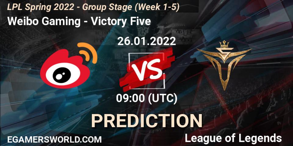 Prognose für das Spiel Weibo Gaming VS Victory Five. 26.01.2022 at 09:00. LoL - LPL Spring 2022 - Group Stage (Week 1-5)