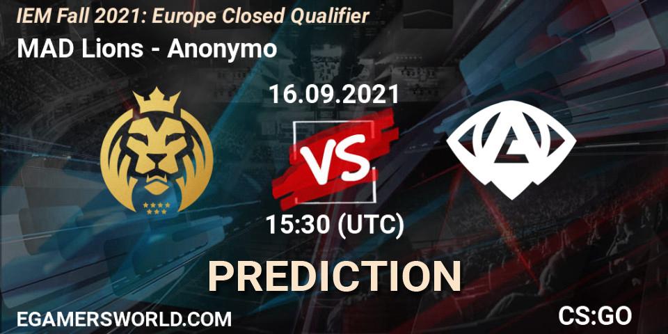 Prognose für das Spiel MAD Lions VS Anonymo. 16.09.2021 at 15:30. Counter-Strike (CS2) - IEM Fall 2021: Europe Closed Qualifier