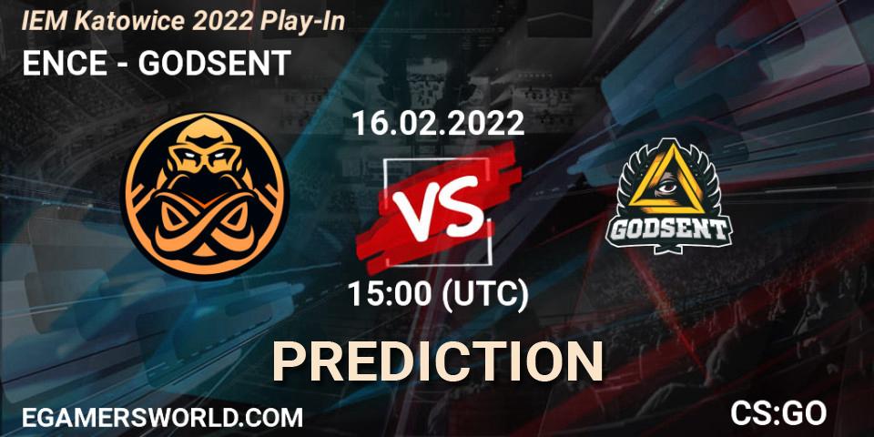 Prognose für das Spiel ENCE VS GODSENT. 16.02.2022 at 15:00. Counter-Strike (CS2) - IEM Katowice 2022 Play-In