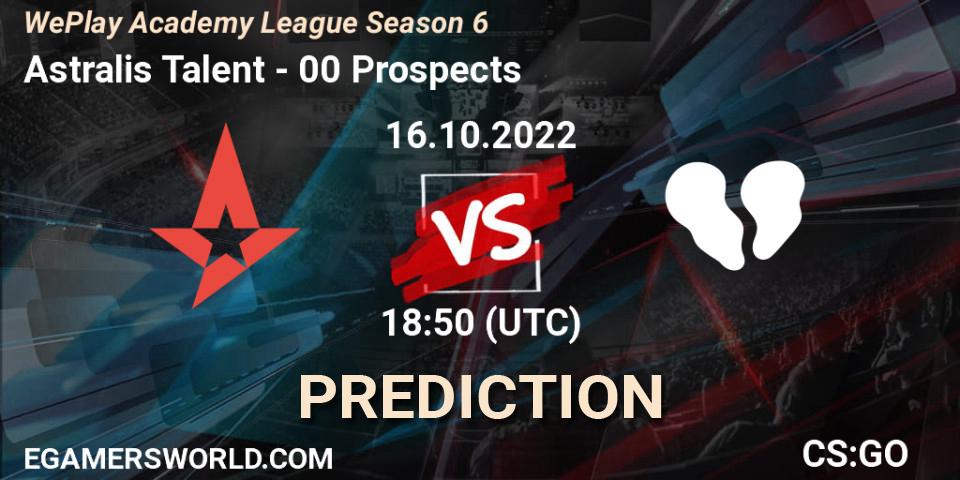 Prognose für das Spiel Astralis Talent VS 00 Prospects. 16.10.2022 at 19:20. Counter-Strike (CS2) - WePlay Academy League Season 6