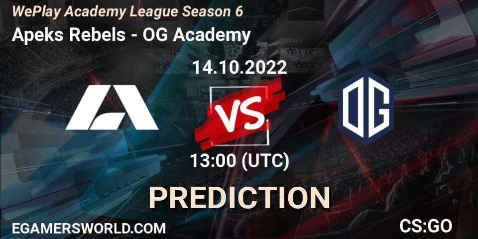 Prognose für das Spiel Apeks Rebels VS OG Academy. 14.10.2022 at 13:00. Counter-Strike (CS2) - WePlay Academy League Season 6