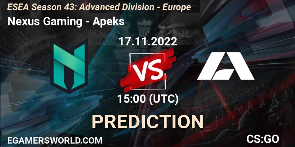 Prognose für das Spiel Nexus Gaming VS Apeks. 17.11.2022 at 15:00. Counter-Strike (CS2) - ESEA Season 43: Advanced Division - Europe